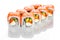 Appetising japanese cuisine salmon sushi roll with avocado and red caviar isolated on white