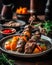 Appetitive Grilled meat shashlik, shish kebab with vegetables on wooden board. Good food.