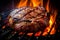 Appetitive steak cooking over flaming grill. Gourmet food. Delicious food. Generative AI