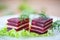 Appetizer of beet and cheese on lettuce leaves