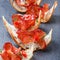 Appetizer bruschetta with jerky prosciutto on thinly sliced ciabatta bread on stone slate background close up.