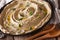 Appetizer of eggplant baba ghanoush closeup in a plate. horizontal