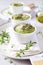 Appetizer: green vegetable soufflÐµ with parmesan cheese and olive oil, three servings