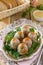 An appetizer Jellied eggs with carrots and green peas, jelly meat on the holiday table