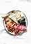 Appetizer plate - prosciutto, gorgonzola, brie cheese, olives, apples, nuts almonds on a light background, top view