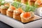 Appetizer puff pastry with dill dip and salmon