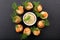 Appetizer puff pastry with dill dip and salmon on stone tray