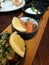 Appetizer salmon with lemon on a wooden board