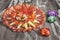 Appetizer Savory Gourmet Dish Meze With Colorful Dyed Easter Eggs Set On Old Weathered Cracked Garden Table Grunge Surface