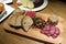 Appetizer served on wood plank