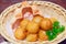 Appetizer, Snack, Starter, Hors D`oeuvres Menu: Crunchy Seafood crab meat potato cheese balls with crab shell decorating in woode