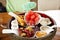 Appetizer thai local snacks sweets food fusion modern luxury style set Watermelon with Sweet Dried Fish Crispy Shallot Dip for