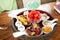 Appetizer thai local snacks sweets food fusion modern luxury style set Watermelon with Sweet Dried Fish Crispy Shallot Dip for