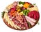 Appetizers boards with assorted cheese, salami, ham, grape and nuts. Charcuterie and cheese platter. Top view. Isolated