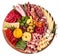 Appetizers boards with assorted cheese, salami, ham, grape and nuts. Charcuterie and cheese platter. Top view. Isolated