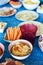 Appetizers on a colorful set table