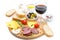 Appetizers - salami, cheese, bread, olives, tomatoes, wine