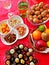 Appetizers for a snack in a Mediterranean style, almonds, pistachios,dried grapes, dried apricots, nuts, kiwi, tangerine, apple ti