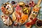 Appetizers table with italian antipasti snacks. Brushetta or authentic traditional spanish tapas set, cheese variety board