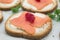 Appetizers toast with salmon and cheese in a white plate