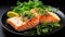 Appetizing baked salmon with green herbs served on dark plate. Generative AI