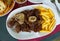 Appetizing beef entrecote with baked potatoes