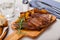 Appetizing beef steak with potatoes and rosemary