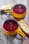 Appetizing Beetroot Soup in Yellow Bowl and Bread