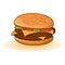 Appetizing big double cheeseburger with beef patties or steak, cheese, tomatoes, pickles, lettuce.