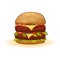 Appetizing big double cheeseburger with beef patties or steak, cheese, tomatoes, pickles, lettuce.