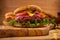 Appetizing burgers on wooden background. Fast food concept