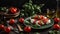 Appetizing caprese salad on a dark background healthy food eating