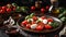 Appetizing caprese salad on a dark background healthy food eating table