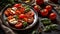 Appetizing caprese salad on a dark background healthy food eating table mozzarella