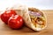An appetizing chicken wrap with red onion