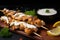 appetizing close-up of chicken shawarma skewers, marinated in a blend of yogurt, lemon, and spices