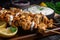 appetizing close-up of chicken shawarma skewers, marinated in a blend of yogurt, lemon, and spices