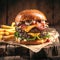 Appetizing close up homemade beef burger displayed on a rustic table