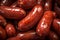 Appetizing Closeup photo of cut polish sausage on wooden board. Generate ai