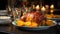 Appetizing Cooked and Roasted Meat onto a wood platter with citrus fruits and a blurry table - AI generated