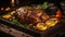 Appetizing Cooked and Roasted Meat onto a wood platter with few lemons - AI generated