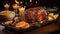 Appetizing Cooked and Roasted Poultry onto a platter with few citrus fruits and a blurry table - AI generated