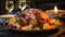 Appetizing Cooked Turkey onto a platter with few roasted vegetables ready to eat and a blurry table - AI generated