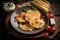 appetizing crispy fried potato pancakes with cheese and bacon in plate