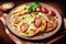 appetizing crispy fried potato pancakes with cheese and bacon in plate