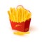 Appetizing, crispy, salty french fries in paper cup, disposable packing. Hot potato finger chips.