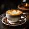 An appetizing cup of cappuccino with cream stands on a dark wooden table against the background of roasted coffee beans. Generated