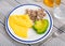 Appetizing dish with omelette, avocado and buckwheat closeup