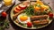 Appetizing food gourmet eggs, homemade roast american , tomatoes in the kitchen tasty delicious