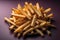 Appetizing french fries on the wooden table, close-up